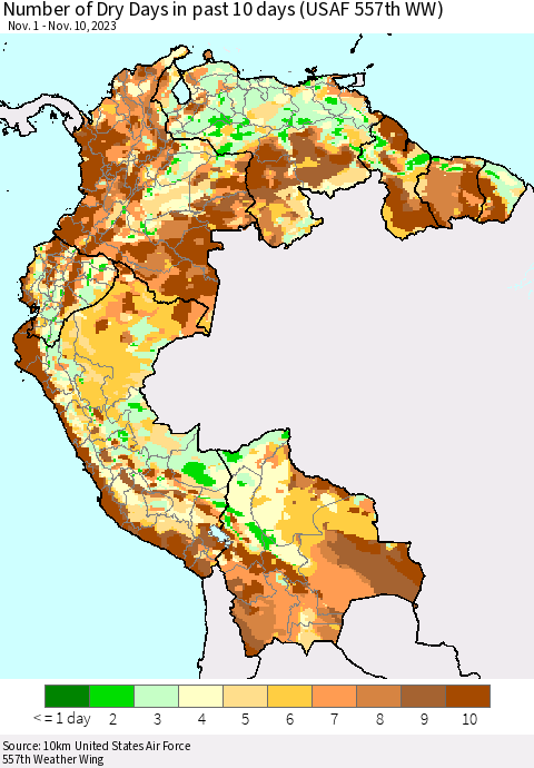 Northern South America Number of Dry Days in past 10 days (USAF 557th WW) Thematic Map For 11/6/2023 - 11/10/2023