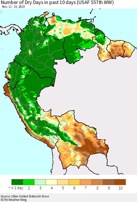 Northern South America Number of Dry Days in past 10 days (USAF 557th WW) Thematic Map For 11/11/2023 - 11/15/2023