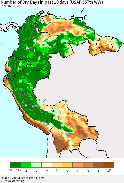 Northern South America Number of Dry Days in past 10 days (USAF 557th WW) Thematic Map For 11/16/2023 - 11/20/2023