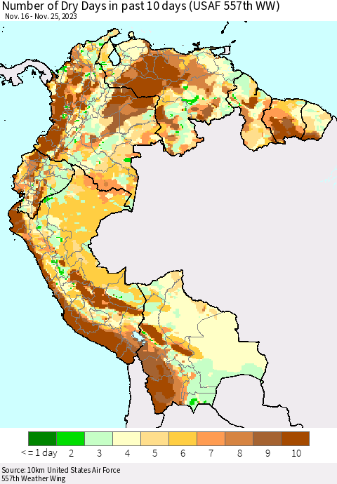 Northern South America Number of Dry Days in past 10 days (USAF 557th WW) Thematic Map For 11/21/2023 - 11/25/2023