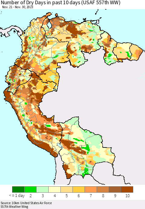 Northern South America Number of Dry Days in past 10 days (USAF 557th WW) Thematic Map For 11/26/2023 - 11/30/2023