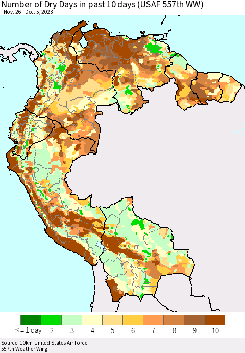 Northern South America Number of Dry Days in past 10 days (USAF 557th WW) Thematic Map For 12/1/2023 - 12/5/2023