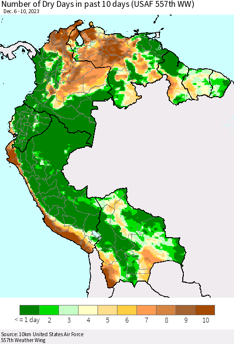 Northern South America Number of Dry Days in past 10 days (USAF 557th WW) Thematic Map For 12/6/2023 - 12/10/2023