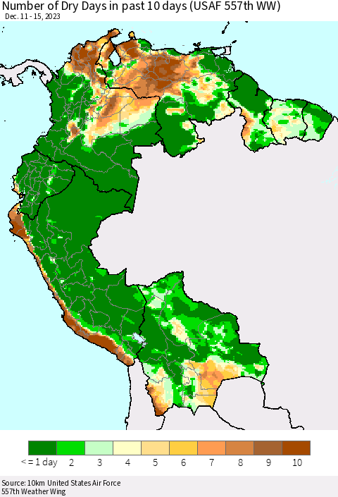 Northern South America Number of Dry Days in past 10 days (USAF 557th WW) Thematic Map For 12/11/2023 - 12/15/2023