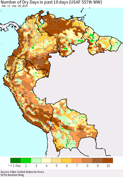 Northern South America Number of Dry Days in past 10 days (USAF 557th WW) Thematic Map For 12/16/2023 - 12/20/2023