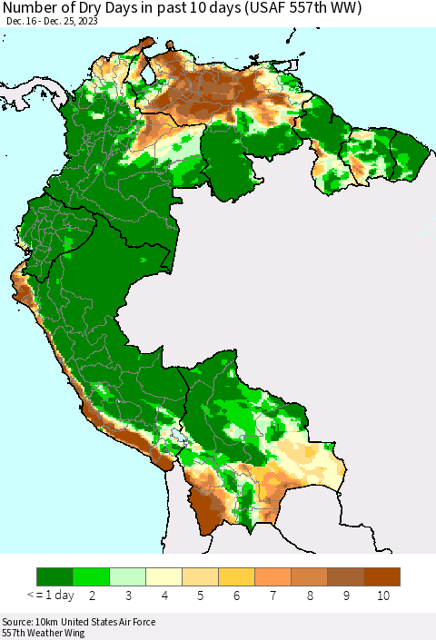 Northern South America Number of Dry Days in past 10 days (USAF 557th WW) Thematic Map For 12/21/2023 - 12/25/2023