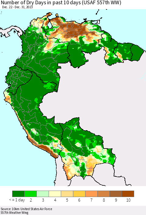 Northern South America Number of Dry Days in past 10 days (USAF 557th WW) Thematic Map For 12/26/2023 - 12/31/2023