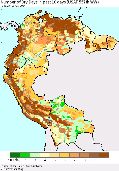 Northern South America Number of Dry Days in past 10 days (USAF 557th WW) Thematic Map For 1/1/2024 - 1/5/2024