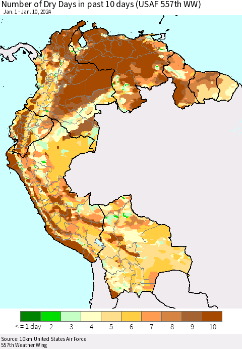 Northern South America Number of Dry Days in past 10 days (USAF 557th WW) Thematic Map For 1/6/2024 - 1/10/2024