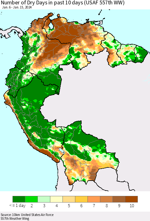 Northern South America Number of Dry Days in past 10 days (USAF 557th WW) Thematic Map For 1/11/2024 - 1/15/2024