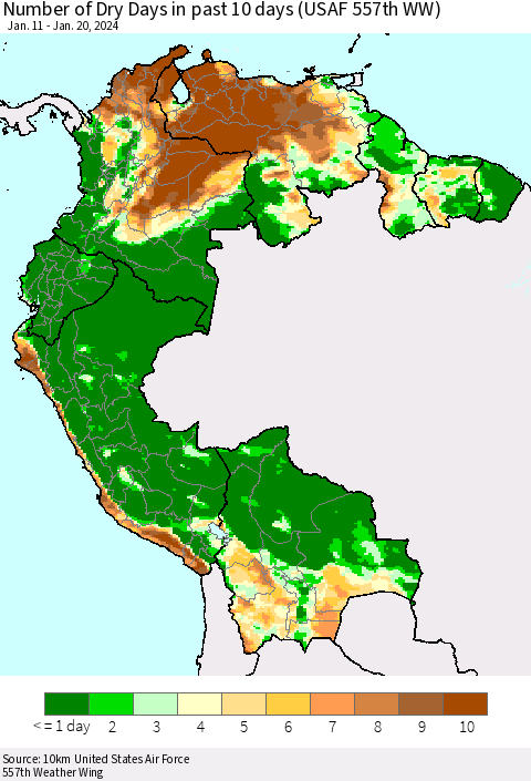 Northern South America Number of Dry Days in past 10 days (USAF 557th WW) Thematic Map For 1/16/2024 - 1/20/2024