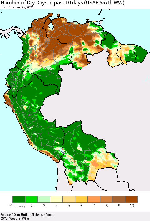 Northern South America Number of Dry Days in past 10 days (USAF 557th WW) Thematic Map For 1/21/2024 - 1/25/2024