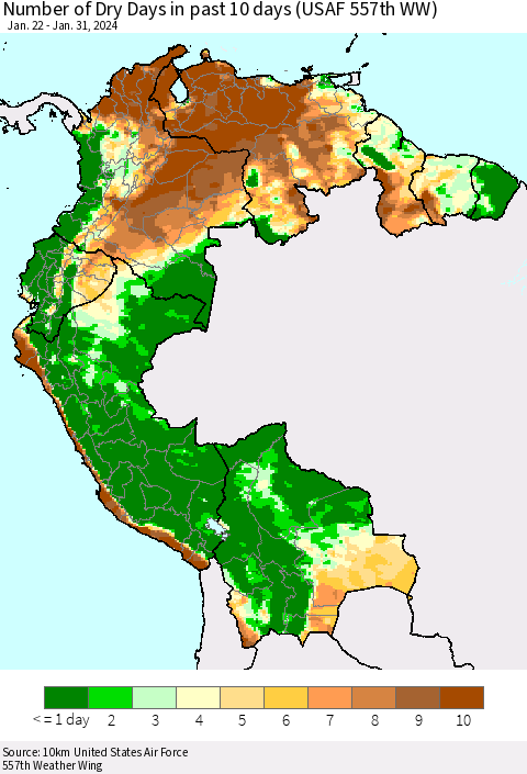 Northern South America Number of Dry Days in past 10 days (USAF 557th WW) Thematic Map For 1/26/2024 - 1/31/2024
