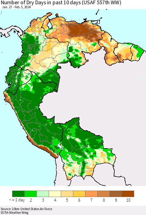 Northern South America Number of Dry Days in past 10 days (USAF 557th WW) Thematic Map For 2/1/2024 - 2/5/2024