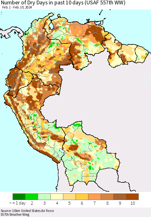 Northern South America Number of Dry Days in past 10 days (USAF 557th WW) Thematic Map For 2/6/2024 - 2/10/2024