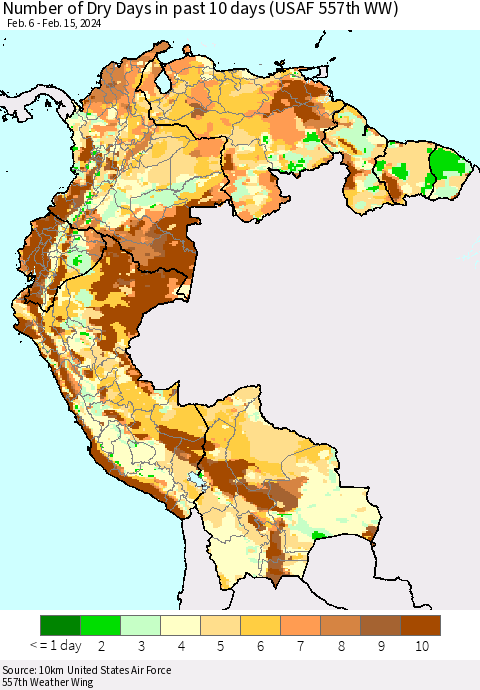Northern South America Number of Dry Days in past 10 days (USAF 557th WW) Thematic Map For 2/11/2024 - 2/15/2024