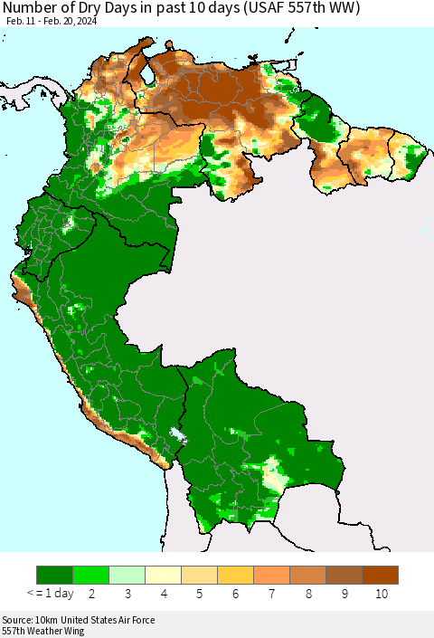 Northern South America Number of Dry Days in past 10 days (USAF 557th WW) Thematic Map For 2/16/2024 - 2/20/2024