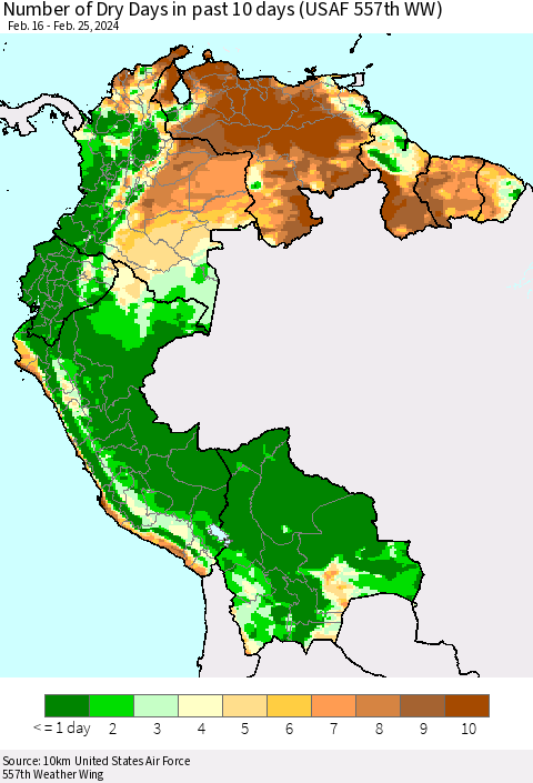 Northern South America Number of Dry Days in past 10 days (USAF 557th WW) Thematic Map For 2/21/2024 - 2/25/2024