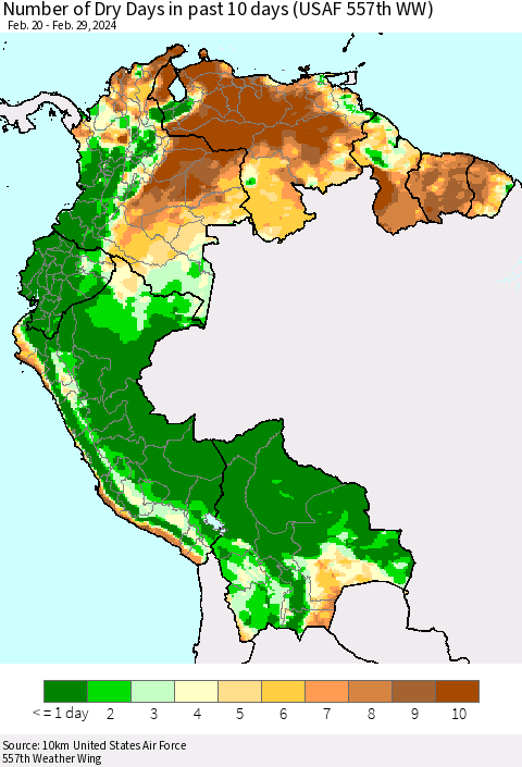 Northern South America Number of Dry Days in past 10 days (USAF 557th WW) Thematic Map For 2/26/2024 - 2/29/2024