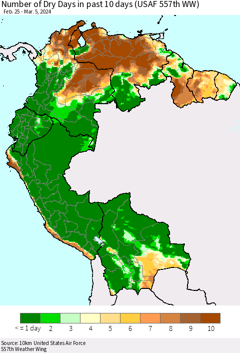 Northern South America Number of Dry Days in past 10 days (USAF 557th WW) Thematic Map For 3/1/2024 - 3/5/2024