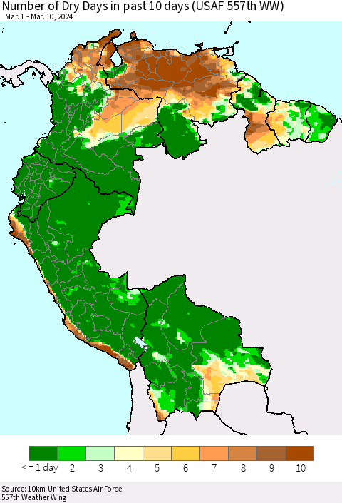 Northern South America Number of Dry Days in past 10 days (USAF 557th WW) Thematic Map For 3/6/2024 - 3/10/2024