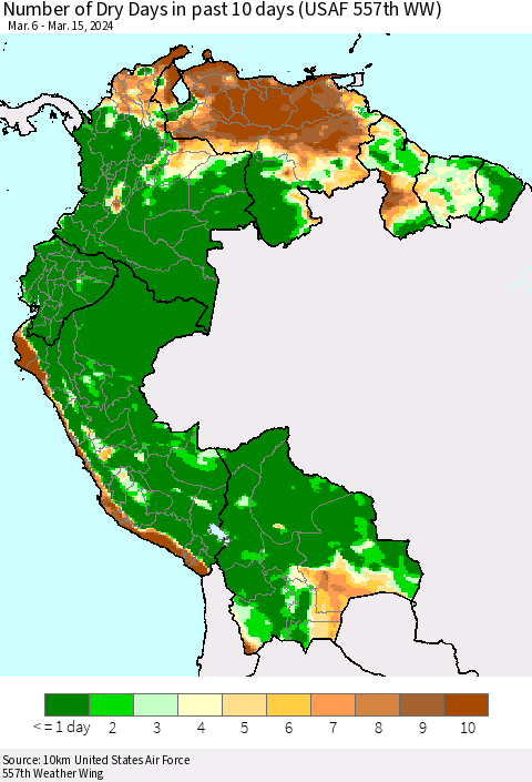 Northern South America Number of Dry Days in past 10 days (USAF 557th WW) Thematic Map For 3/11/2024 - 3/15/2024