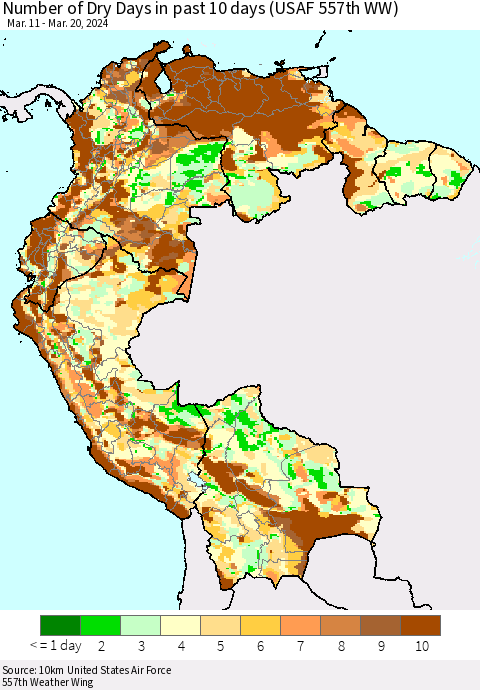 Northern South America Number of Dry Days in past 10 days (USAF 557th WW) Thematic Map For 3/16/2024 - 3/20/2024