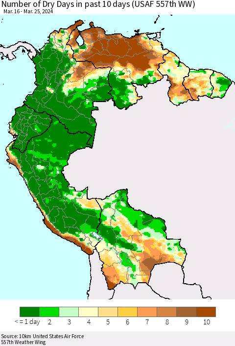 Northern South America Number of Dry Days in past 10 days (USAF 557th WW) Thematic Map For 3/21/2024 - 3/25/2024