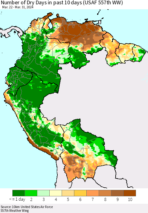 Northern South America Number of Dry Days in past 10 days (USAF 557th WW) Thematic Map For 3/26/2024 - 3/31/2024