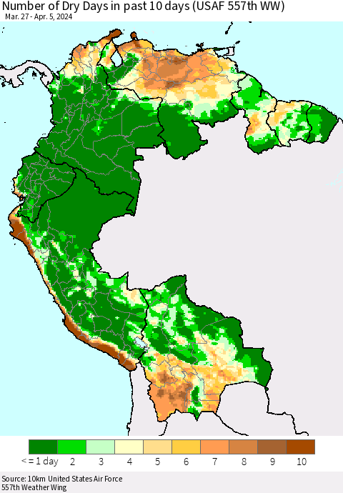 Northern South America Number of Dry Days in past 10 days (USAF 557th WW) Thematic Map For 4/1/2024 - 4/5/2024