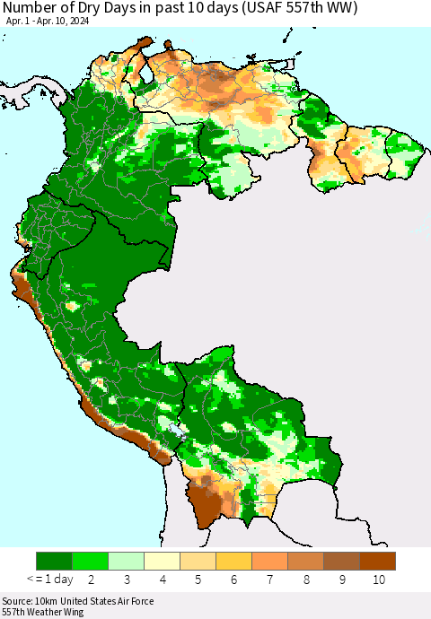 Northern South America Number of Dry Days in past 10 days (USAF 557th WW) Thematic Map For 4/6/2024 - 4/10/2024