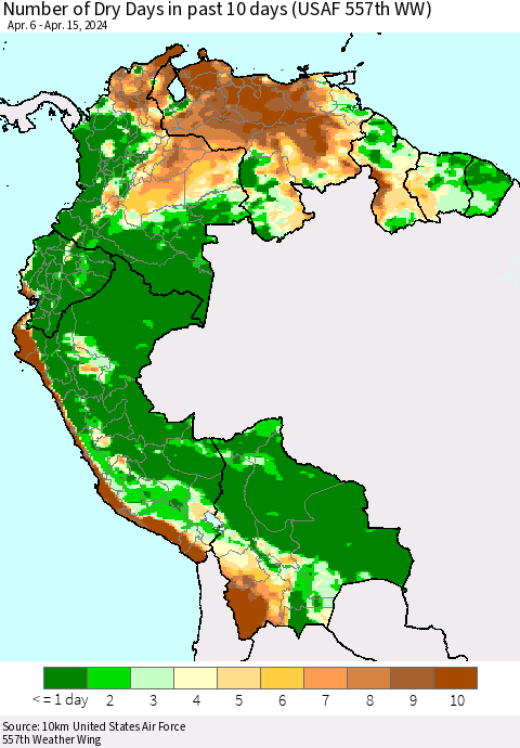 Northern South America Number of Dry Days in past 10 days (USAF 557th WW) Thematic Map For 4/11/2024 - 4/15/2024