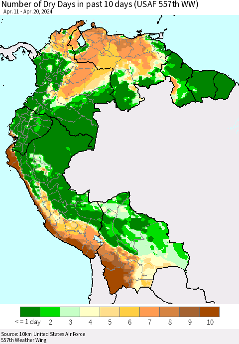 Northern South America Number of Dry Days in past 10 days (USAF 557th WW) Thematic Map For 4/16/2024 - 4/20/2024