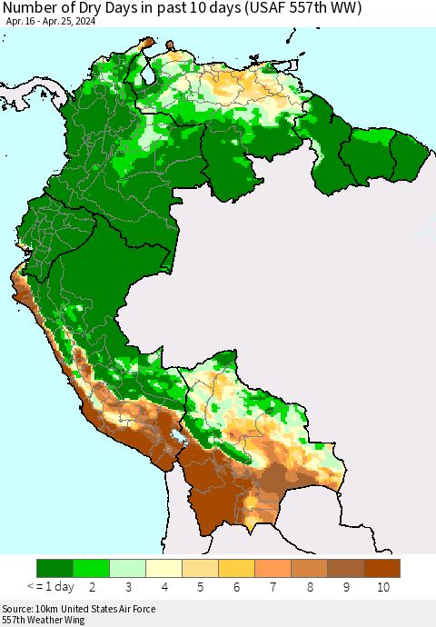 Northern South America Number of Dry Days in past 10 days (USAF 557th WW) Thematic Map For 4/21/2024 - 4/25/2024