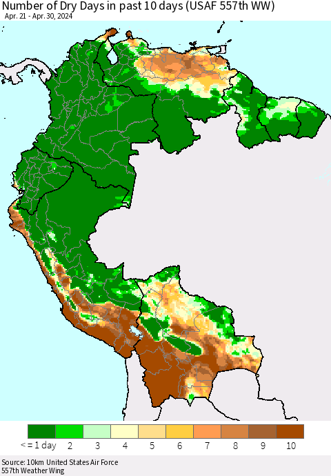 Northern South America Number of Dry Days in past 10 days (USAF 557th WW) Thematic Map For 4/26/2024 - 4/30/2024