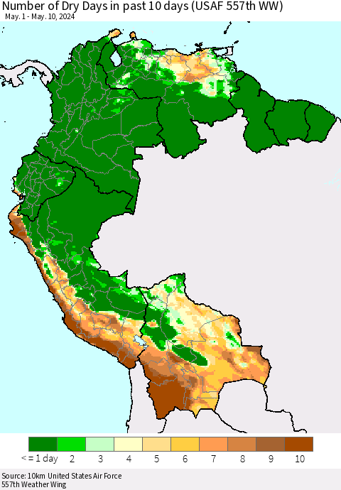Northern South America Number of Dry Days in past 10 days (USAF 557th WW) Thematic Map For 5/6/2024 - 5/10/2024