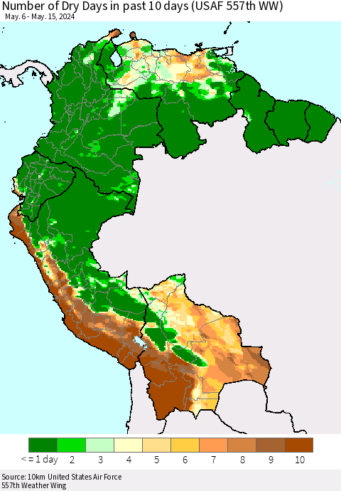 Northern South America Number of Dry Days in past 10 days (USAF 557th WW) Thematic Map For 5/11/2024 - 5/15/2024