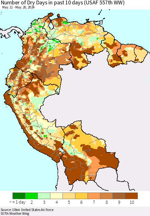 Northern South America Number of Dry Days in past 10 days (USAF 557th WW) Thematic Map For 5/16/2024 - 5/20/2024