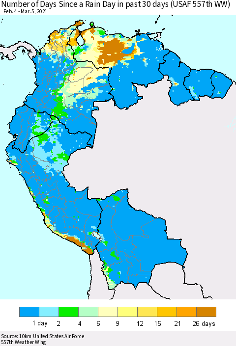 Northern South America Number of Days Since a Rain Day in past 30 days (USAF 557th WW) Thematic Map For 3/1/2021 - 3/5/2021