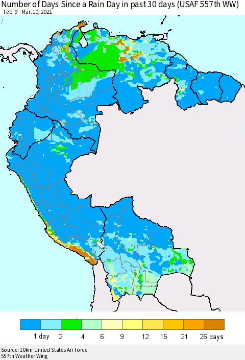 Northern South America Number of Days Since a Rain Day in past 30 days (USAF 557th WW) Thematic Map For 3/6/2021 - 3/10/2021