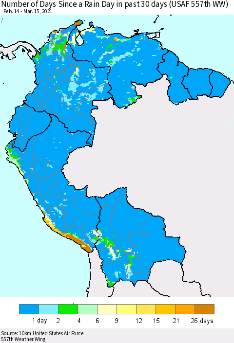 Northern South America Number of Days Since a Rain Day in past 30 days (USAF 557th WW) Thematic Map For 3/11/2021 - 3/15/2021
