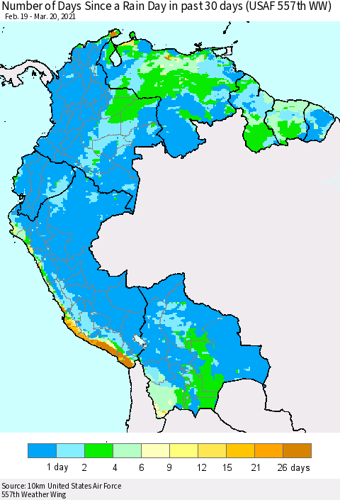 Northern South America Number of Days Since a Rain Day in past 30 days (USAF 557th WW) Thematic Map For 3/16/2021 - 3/20/2021