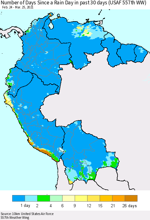 Northern South America Number of Days Since a Rain Day in past 30 days (USAF 557th WW) Thematic Map For 3/21/2021 - 3/25/2021