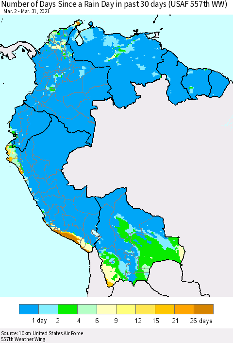 Northern South America Number of Days Since a Rain Day in past 30 days (USAF 557th WW) Thematic Map For 3/26/2021 - 3/31/2021