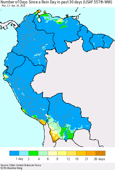 Northern South America Number of Days Since a Rain Day in past 30 days (USAF 557th WW) Thematic Map For 4/6/2021 - 4/10/2021