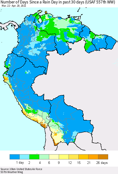 Northern South America Number of Days Since a Rain Day in past 30 days (USAF 557th WW) Thematic Map For 4/16/2021 - 4/20/2021