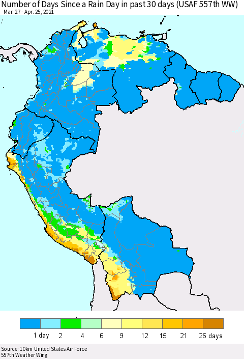 Northern South America Number of Days Since a Rain Day in past 30 days (USAF 557th WW) Thematic Map For 4/21/2021 - 4/25/2021