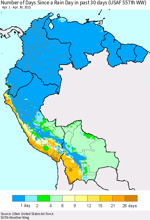 Northern South America Number of Days Since a Rain Day in past 30 days (USAF 557th WW) Thematic Map For 4/26/2021 - 4/30/2021