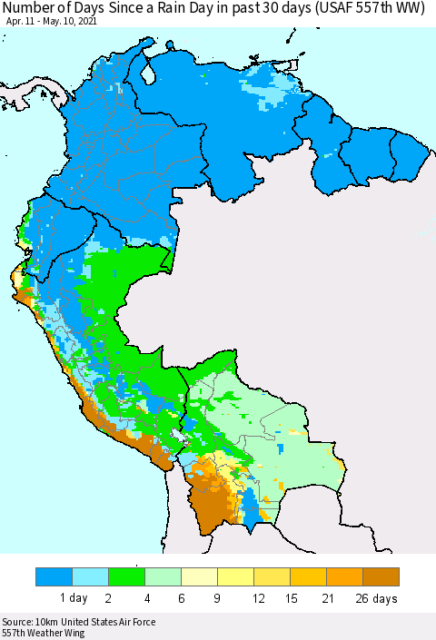 Northern South America Number of Days Since a Rain Day in past 30 days (USAF 557th WW) Thematic Map For 5/6/2021 - 5/10/2021