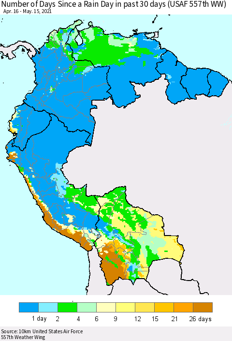 Northern South America Number of Days Since a Rain Day in past 30 days (USAF 557th WW) Thematic Map For 5/11/2021 - 5/15/2021